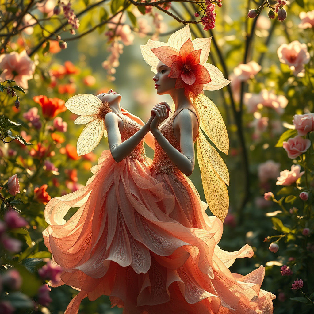 Ethereal Rose Humanoids Waltz in Pre-Raphaelite Garden