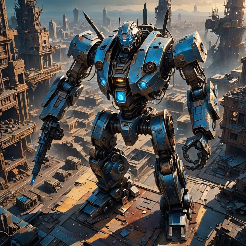 Victorious Battle Robot in Ruined Cityscape