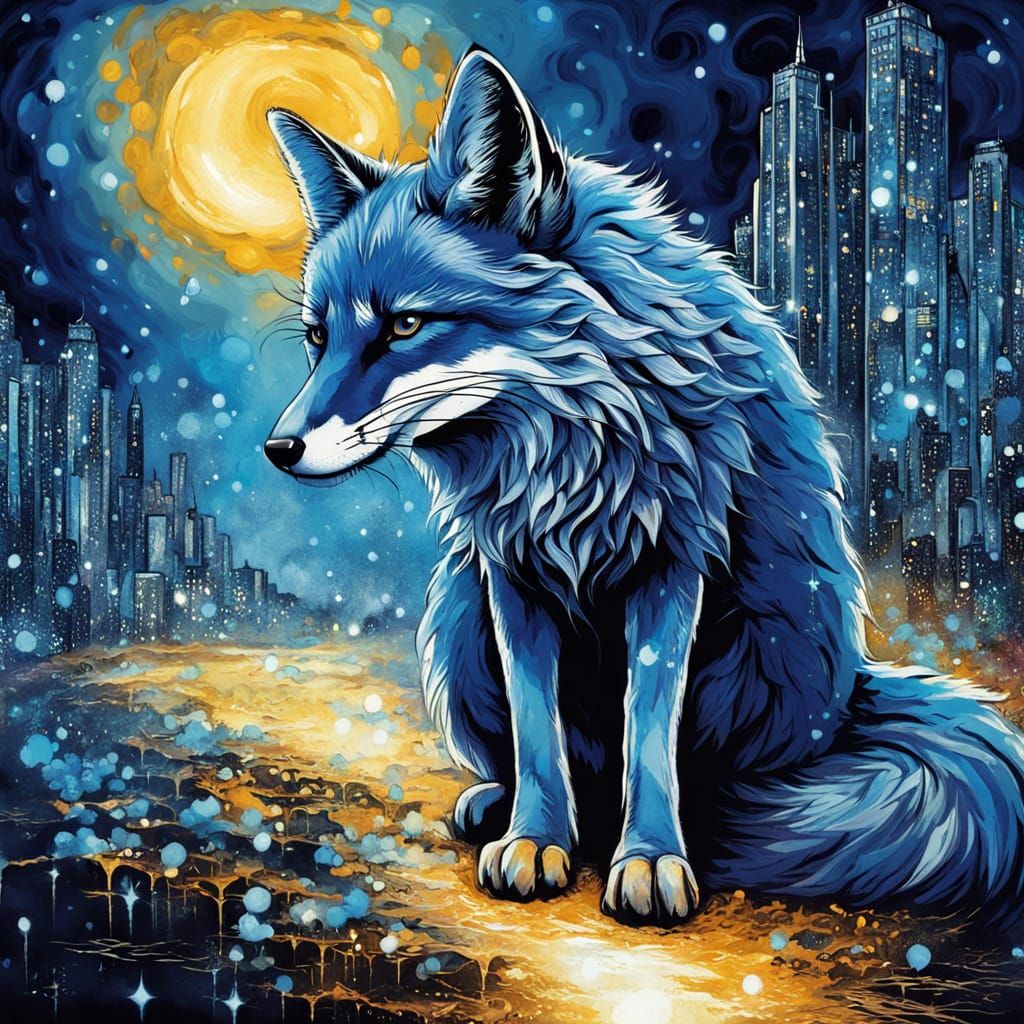Enchanted Blue Fox Casting Spell in Surreal City