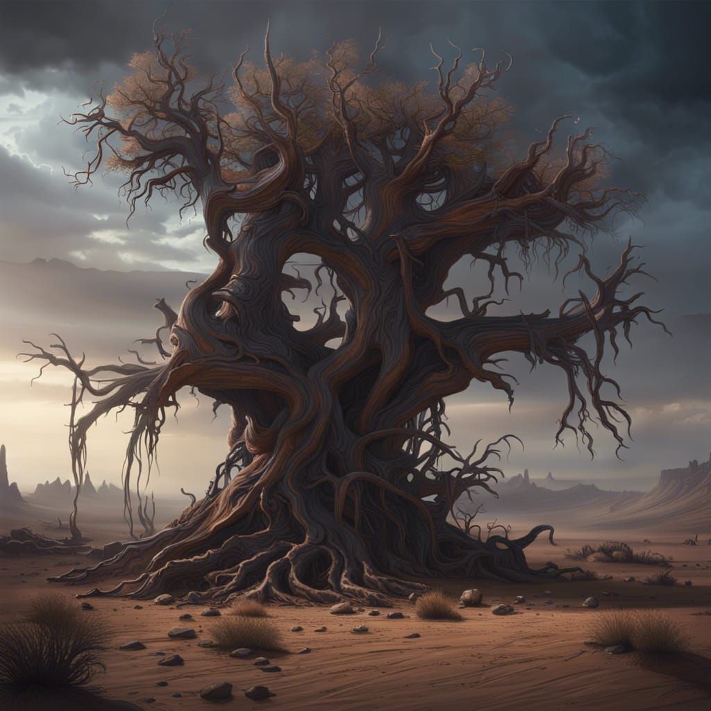 Withered Tree in Desert: Dark Fantasy Concept Art