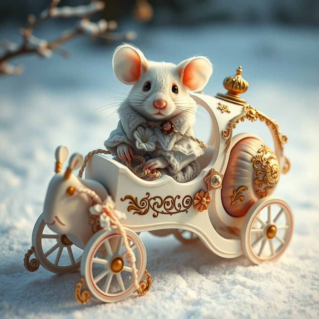Whimsical Victorian Mouse's Serene Snowy Journey