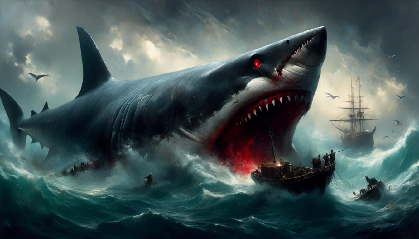 Megalodon Shark Attack on Galleon, Expressionist Art