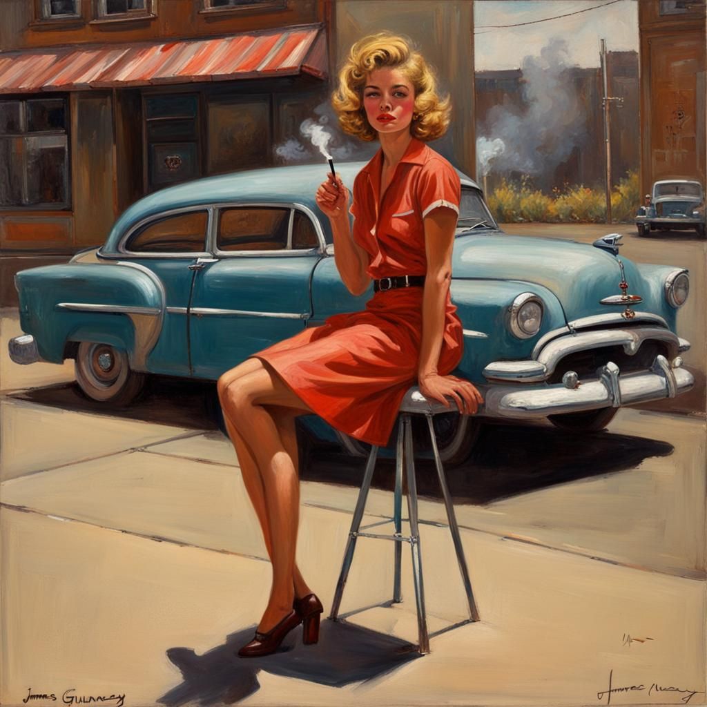 Rock and roll juvenile delinquent girl, 1950s. Bad girl. Short skirt. Smoking a cigarette.