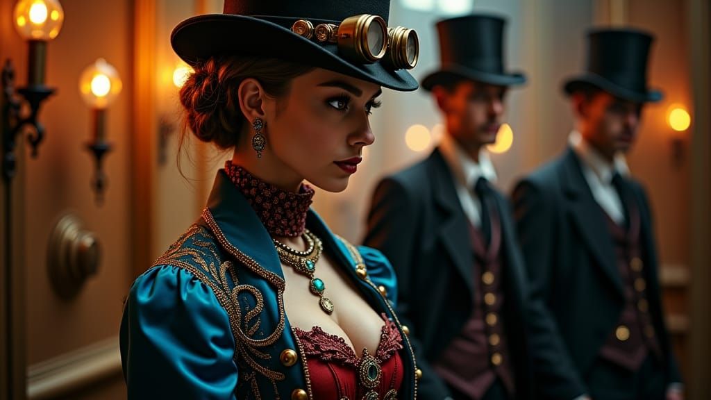 Steampunk Lady in Sapphire Gown, Film Noir Style