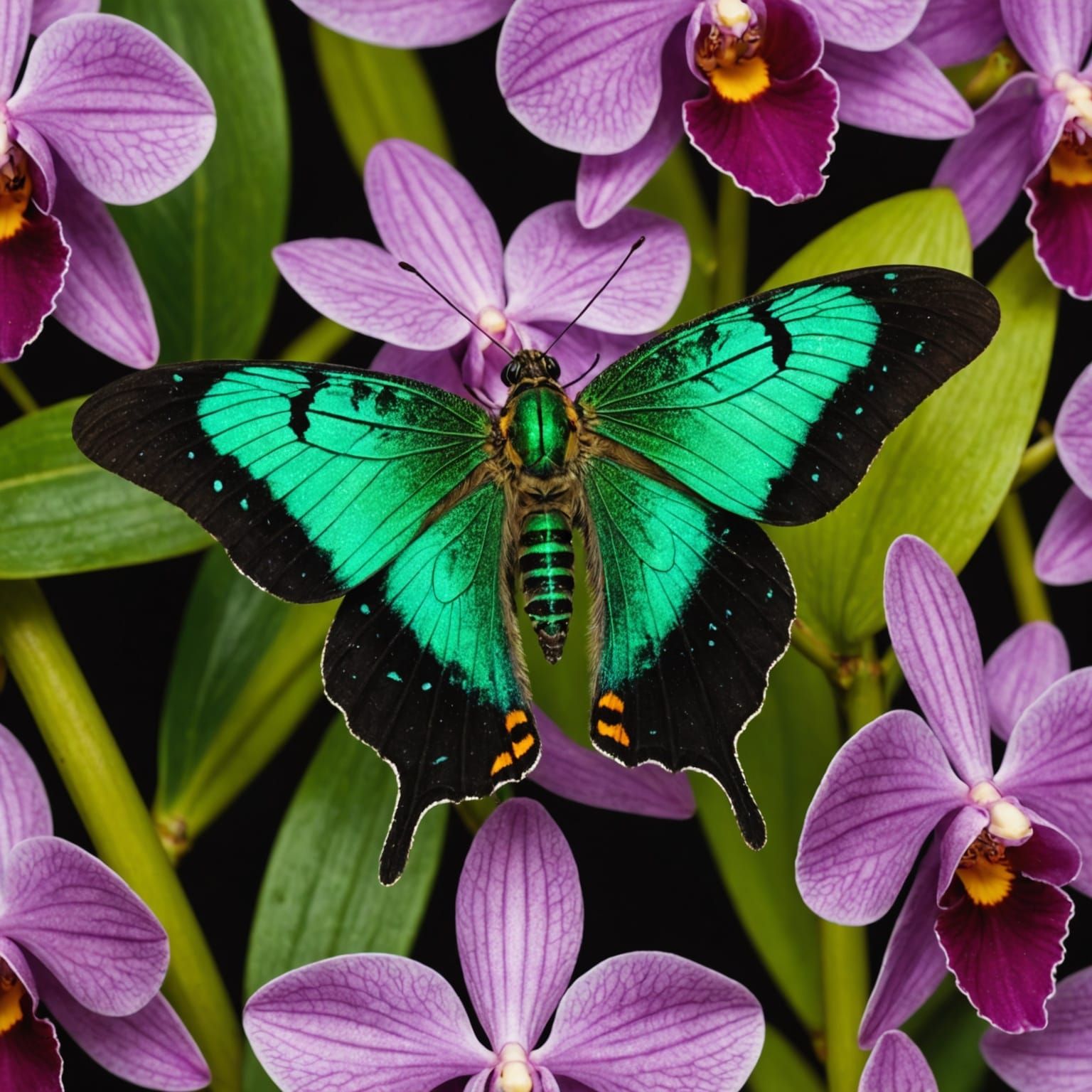 Close-up Realism of Urania Moth on Exotic Orchid