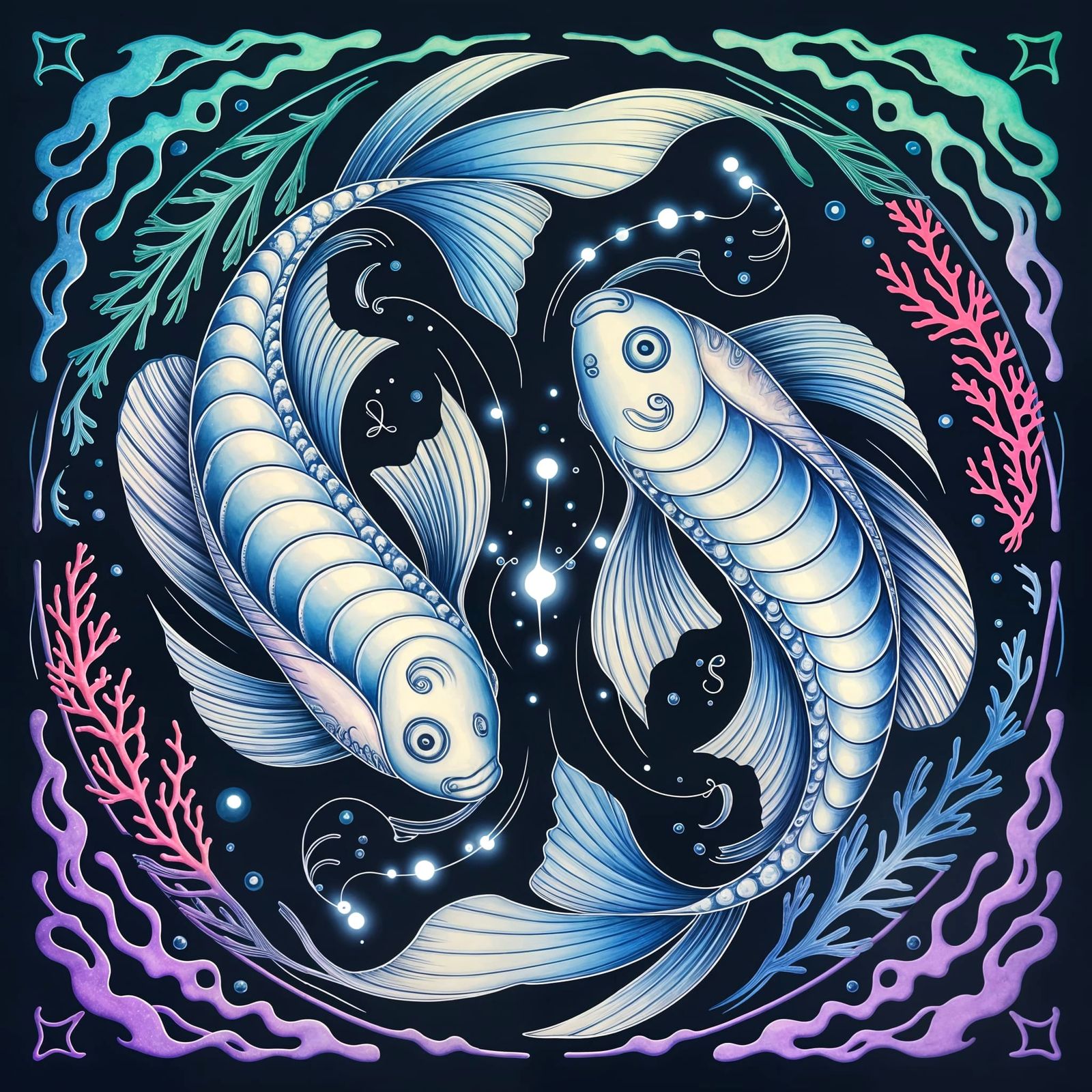 Ethereal Aquatic Scene of Intertwined Fish in Soft Blues and...