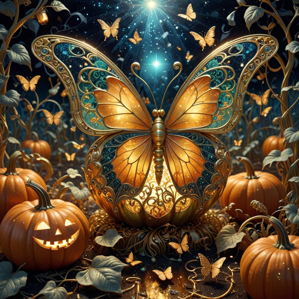 Surreal Art Nouveau Butterfly Feast with Gold Arabesques