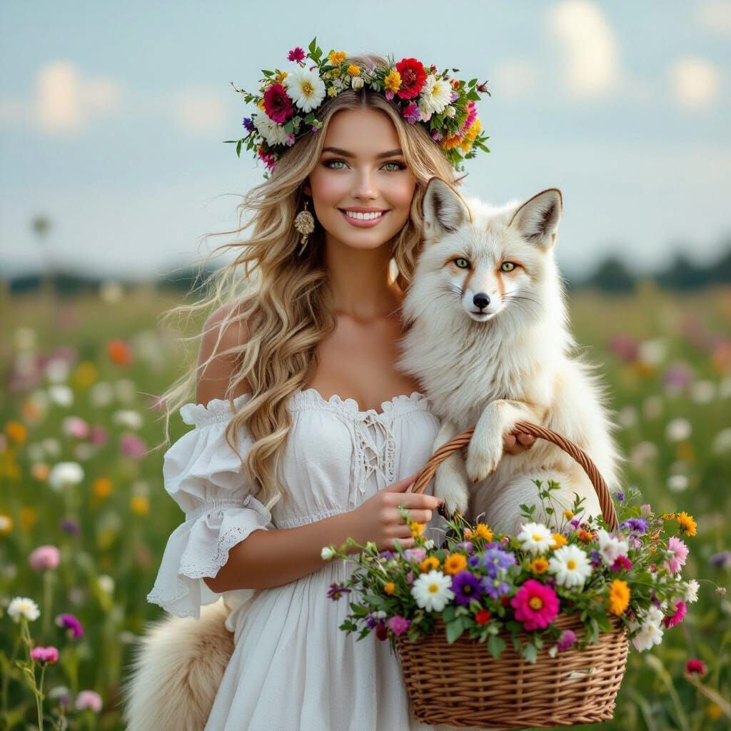 1800s Woman with Flower Crown and Fox