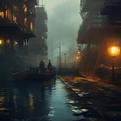 Steampunk Fisherman on Lake at Golden Hour