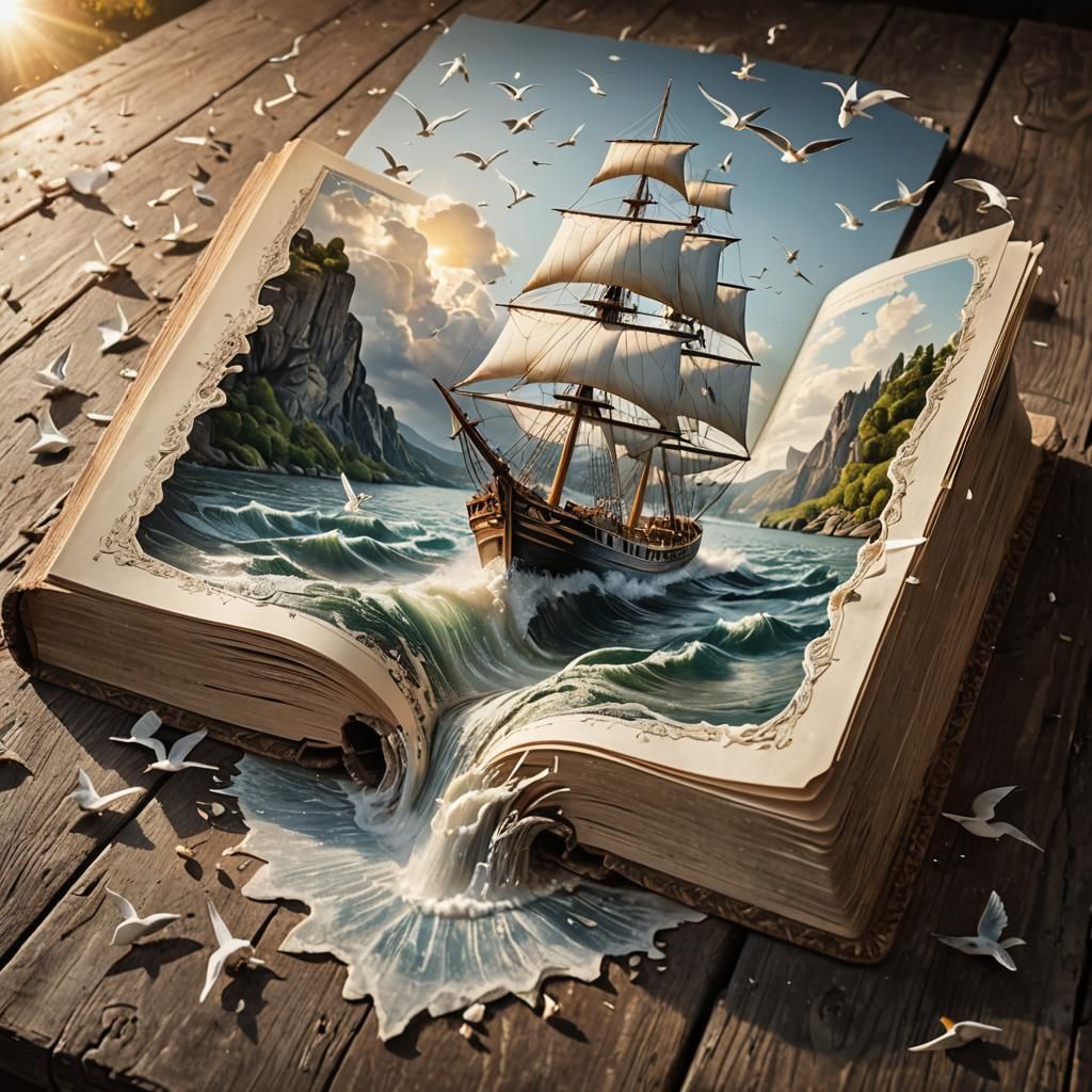 Sailboat Scene Emerges from Open Book