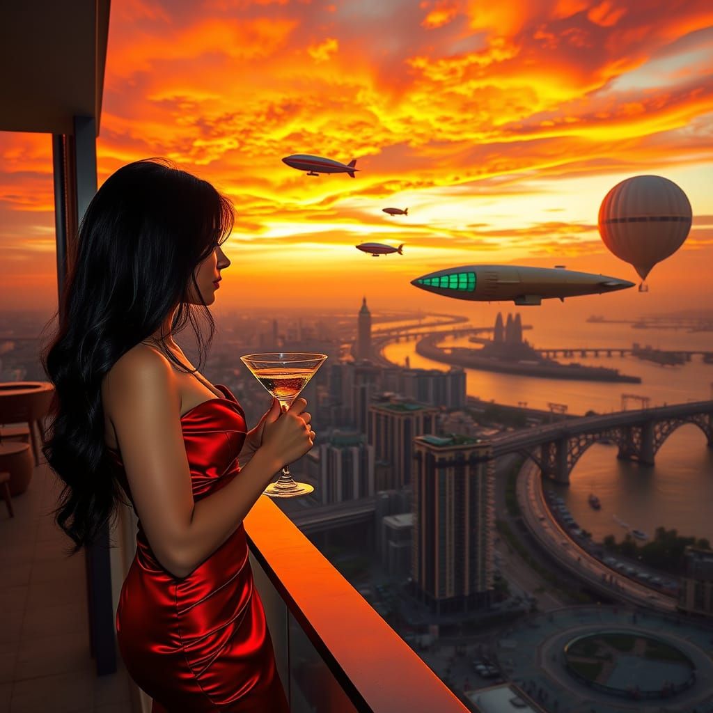 Woman in Red Dress on Balcony Overlooking Retro-Futuristic C...