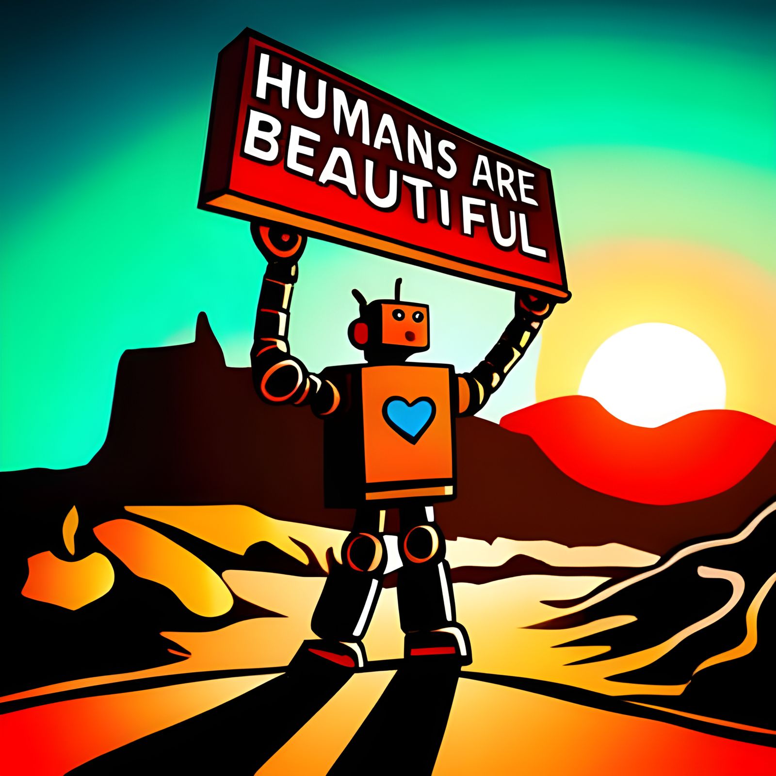 Robot Holding a Sign of Love in Desert Sunrise