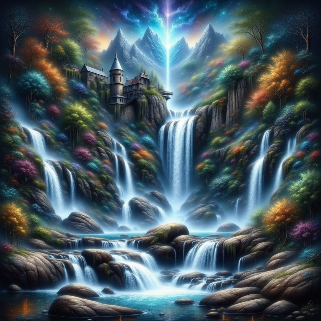 Ethereal Waterfall Illumination in Whimsical Watercolor Styl...