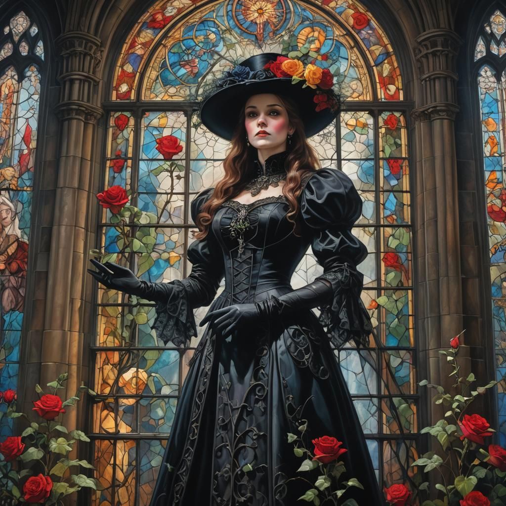 Gothic Woman Below Stained Glass Window as Oil Painting