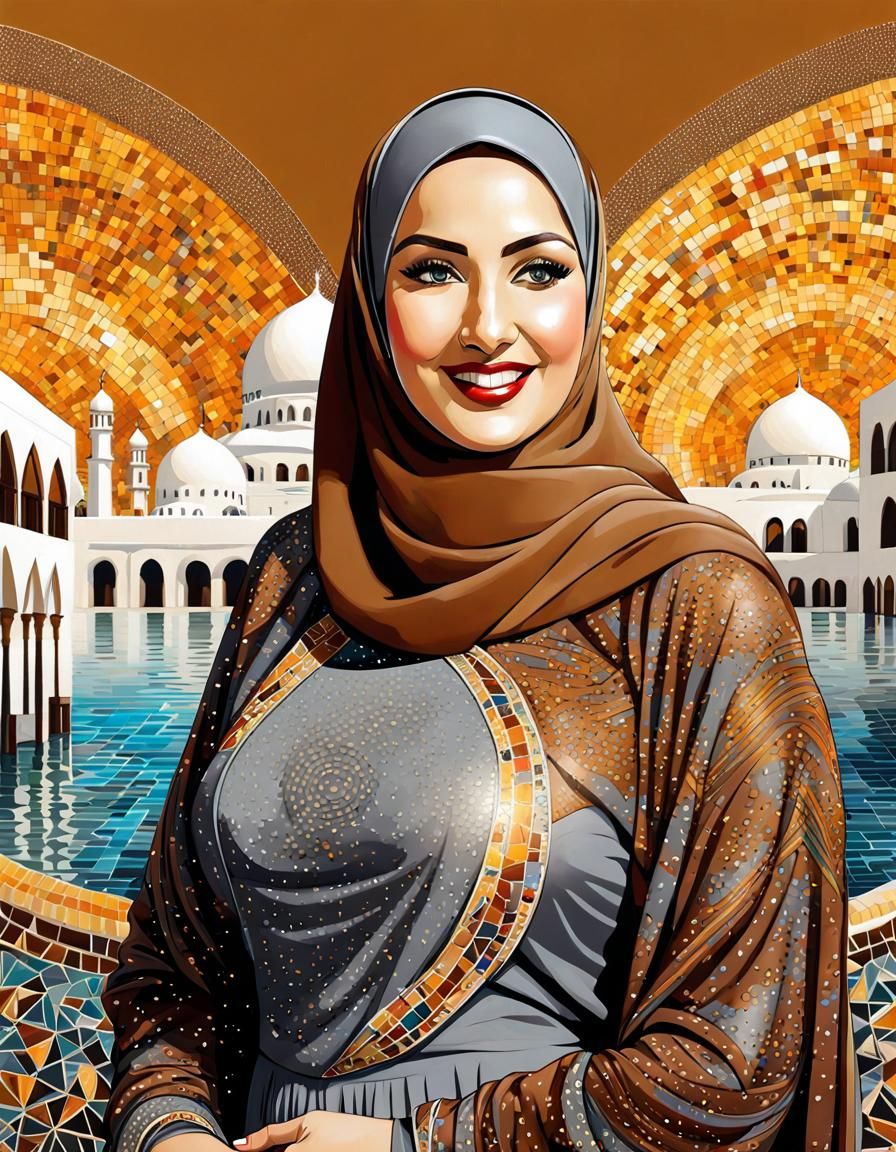 Art Deco Mosaic Portrait of Smiling Woman in Hijab