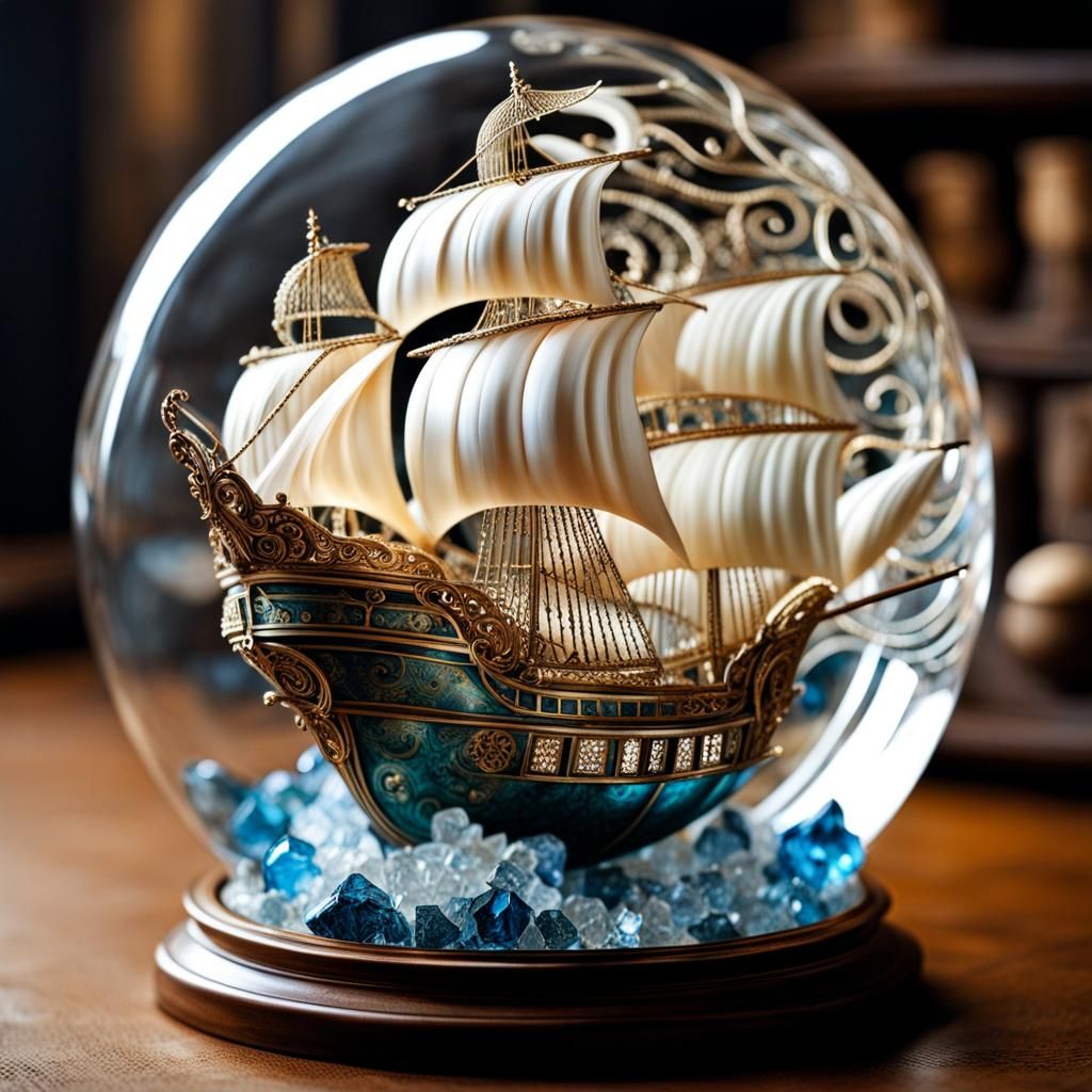 Ornate Crystal Spiral with Miniature Pirate Ship