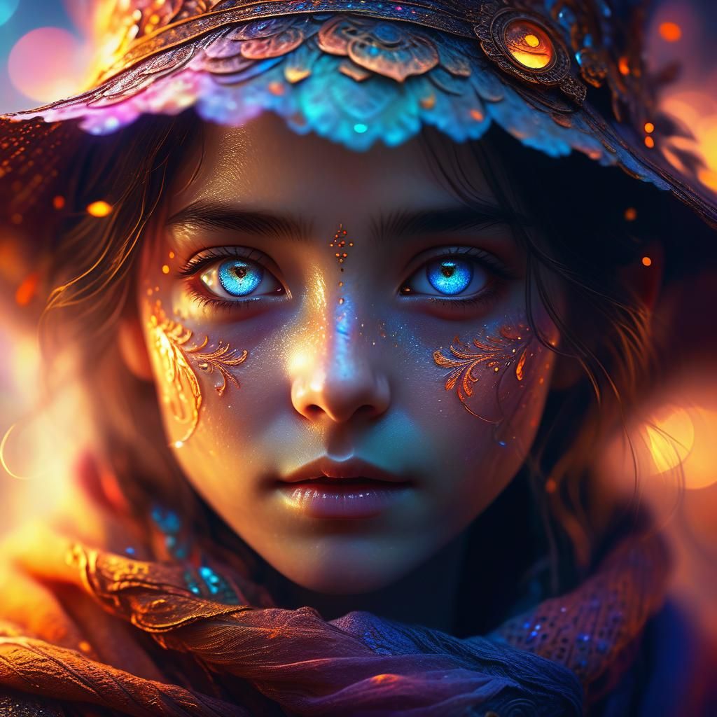 Ethereal Portrait: Glowing Eyes in Mystical Realm