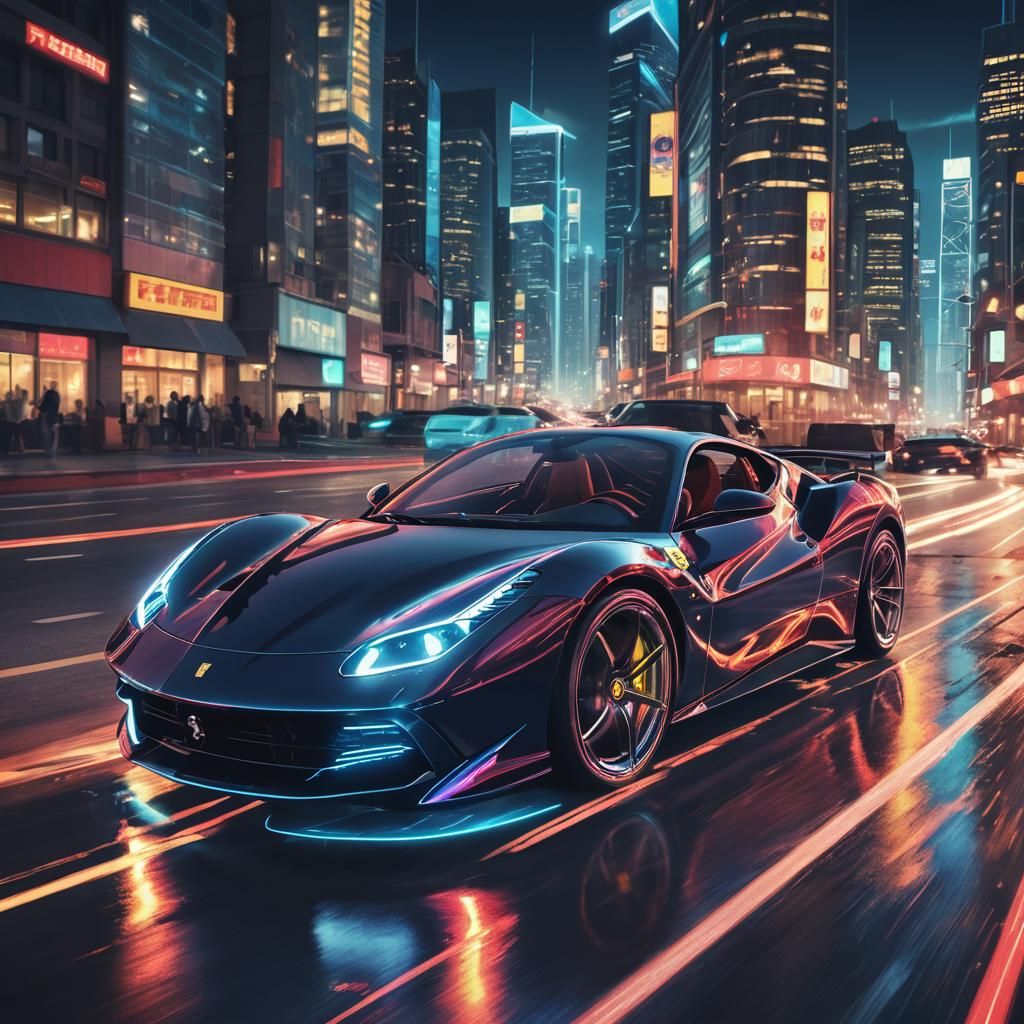 Futuristic Ferrari Races Through Neon Cityscape