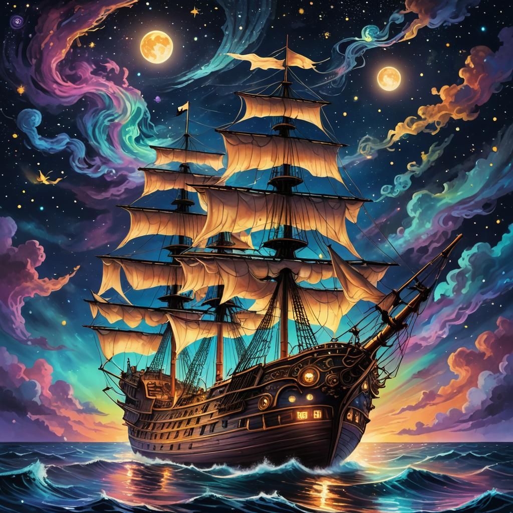 Cosmic Pirate Ship Under Astral Skies