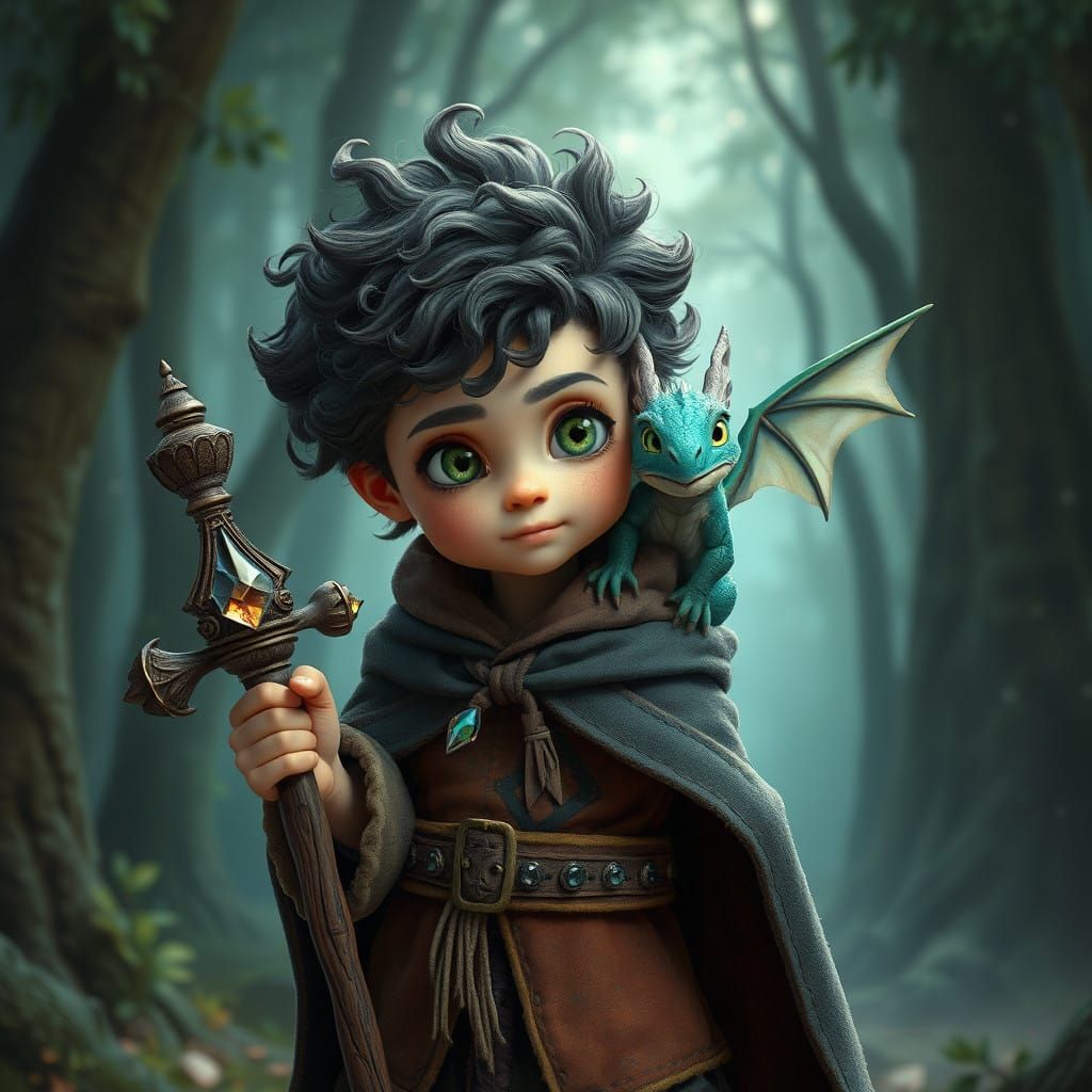 Whimsical Wizard Boy Stands Heroically in Mystical Forest