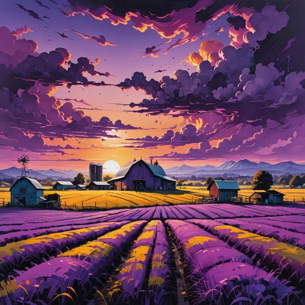 Purple Sunset Farm in Graffiti Art Style