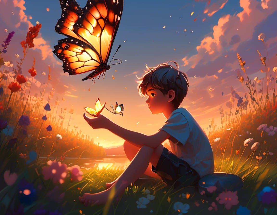 Boy and Glowing Butterfly in Golden Meadow