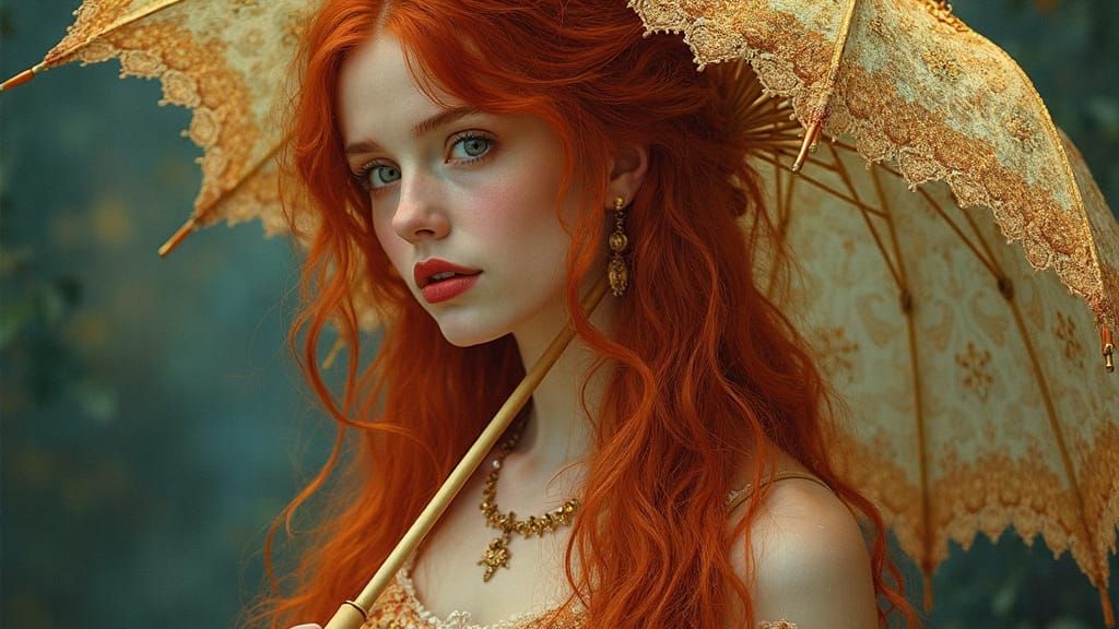 Pre-Raphaelite Beauty in Gold-Toned Elegance
