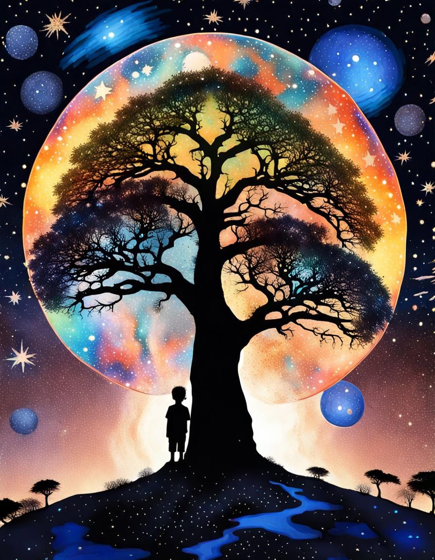 Baobab Planet Double Exposure in Dark Fantasy Style