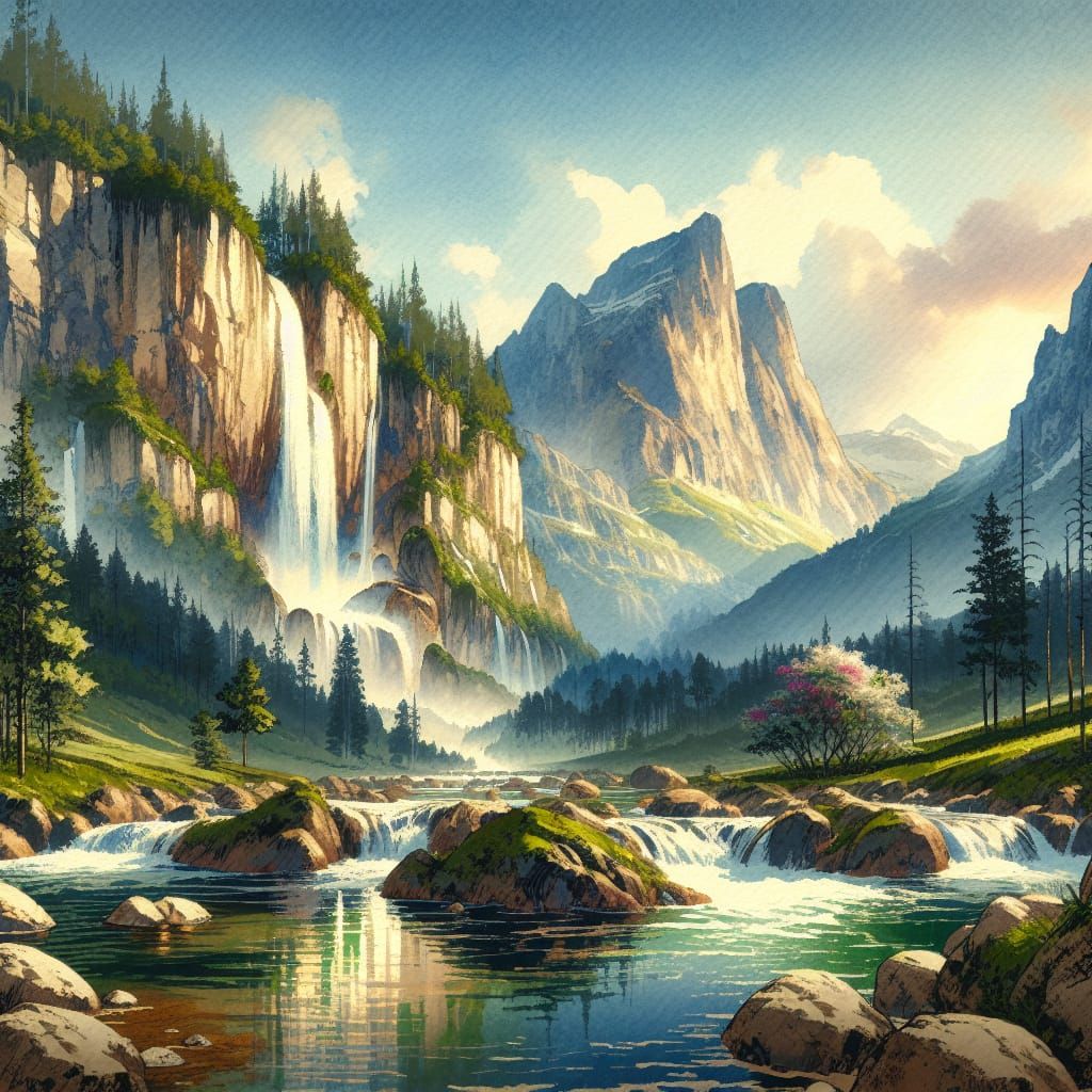 Hyperrealistic Valley with Waterfall in Watercolor Style
