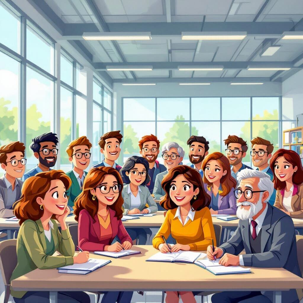 Diverse Students Learning in Modern Institute Cartoon Style