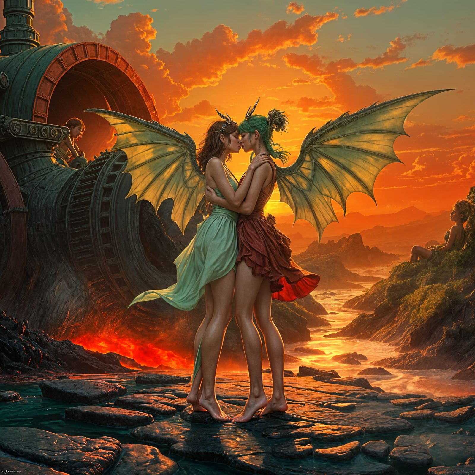 Surreal Steampunk Goddesses Bask in Vibrant Sunset