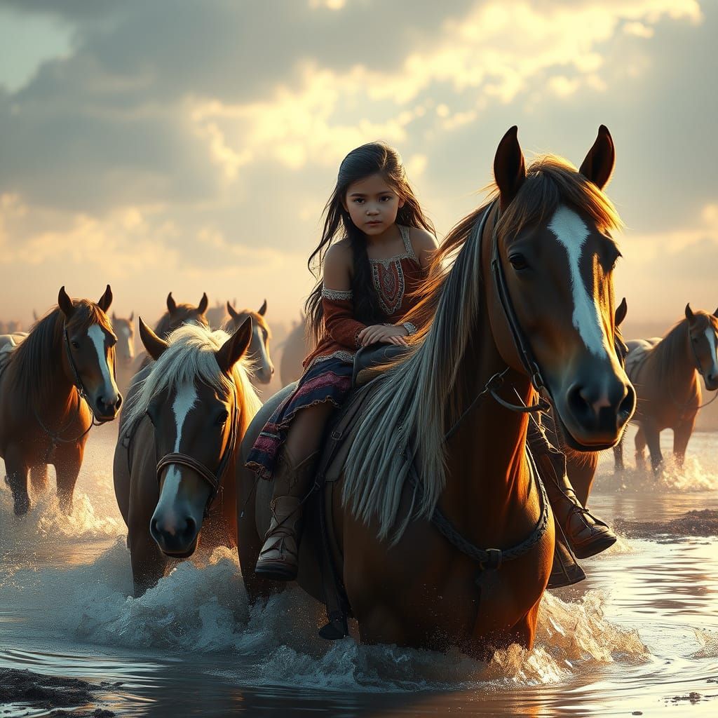 Young Native American Girl Riding Horse in Vibrant, Dynamic ...