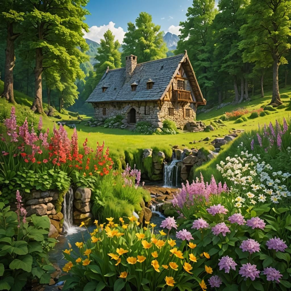 Medieval Castle Ruins with Waterfall