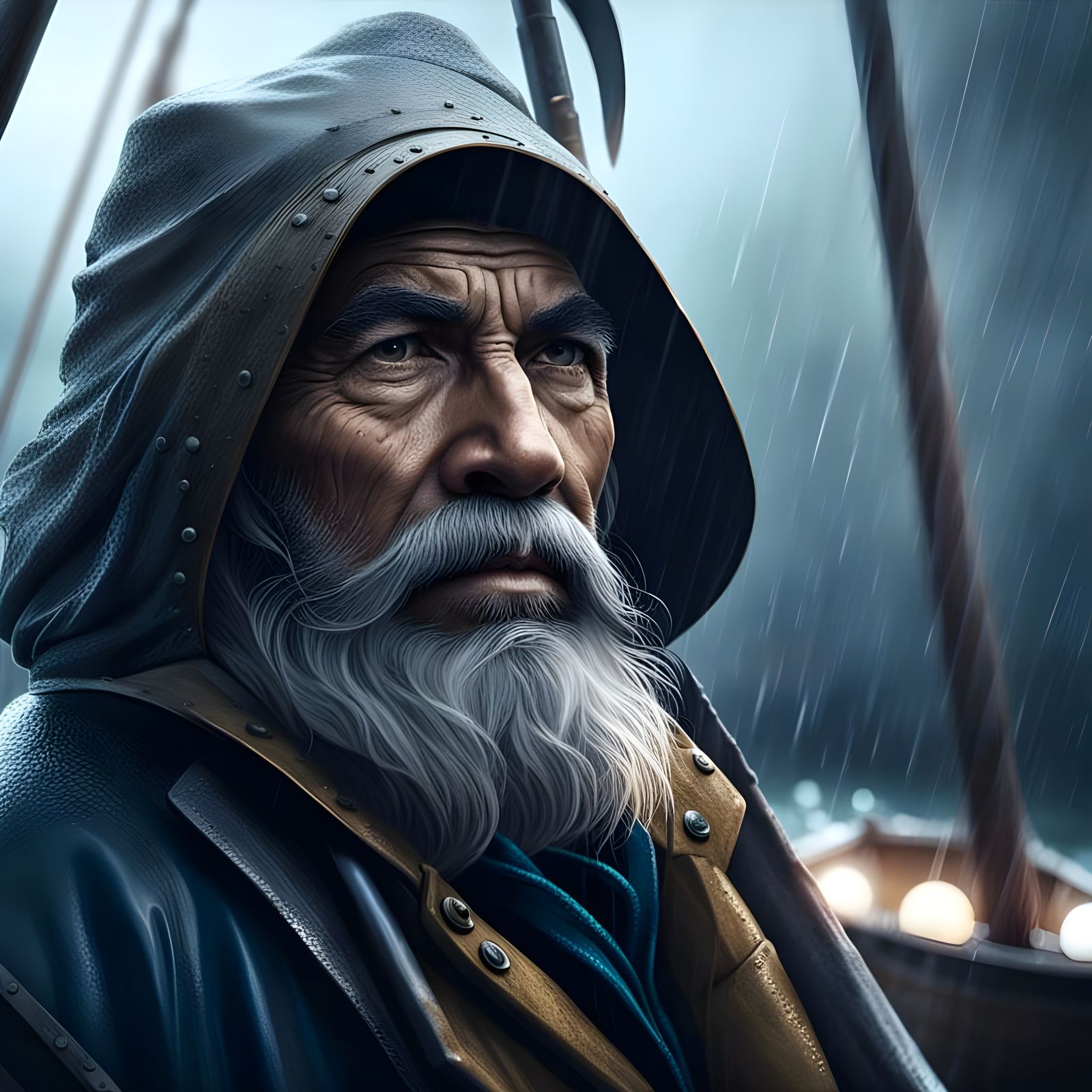 Rainy Night Sea Portrait in Hyper-Realistic Style