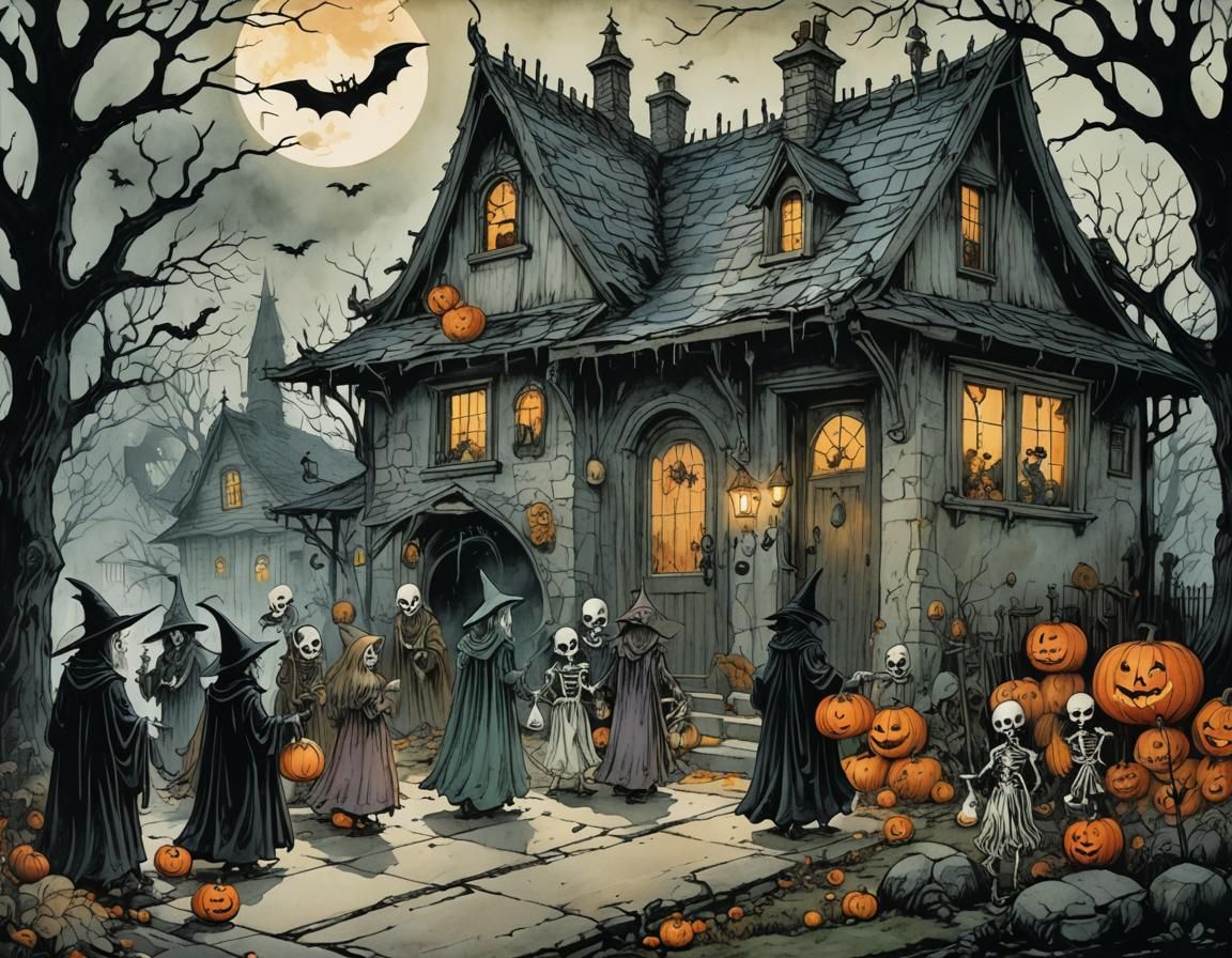 Whimsical Gothic Halloween Gathering in Dark Fantasy Style
