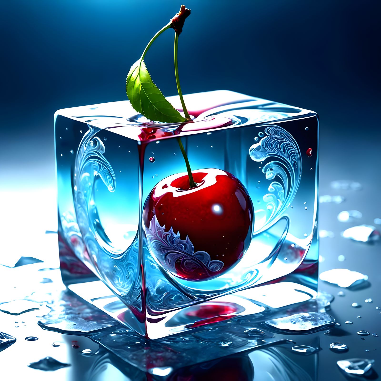 Vibrant Cherry Blossom Fractal in Shimmering Ice