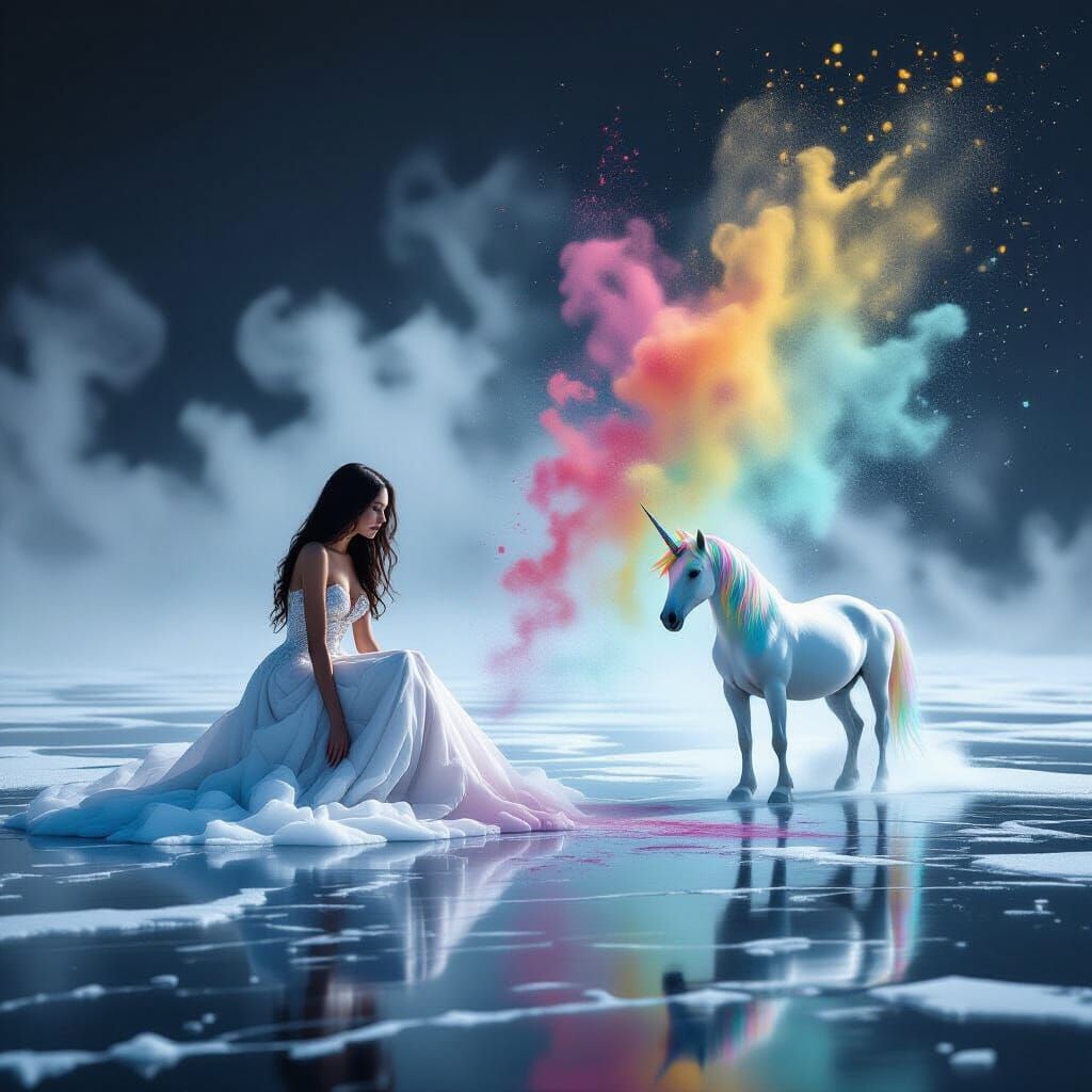 Woman Dissolving into Aerogel with Rainbow Unicorn