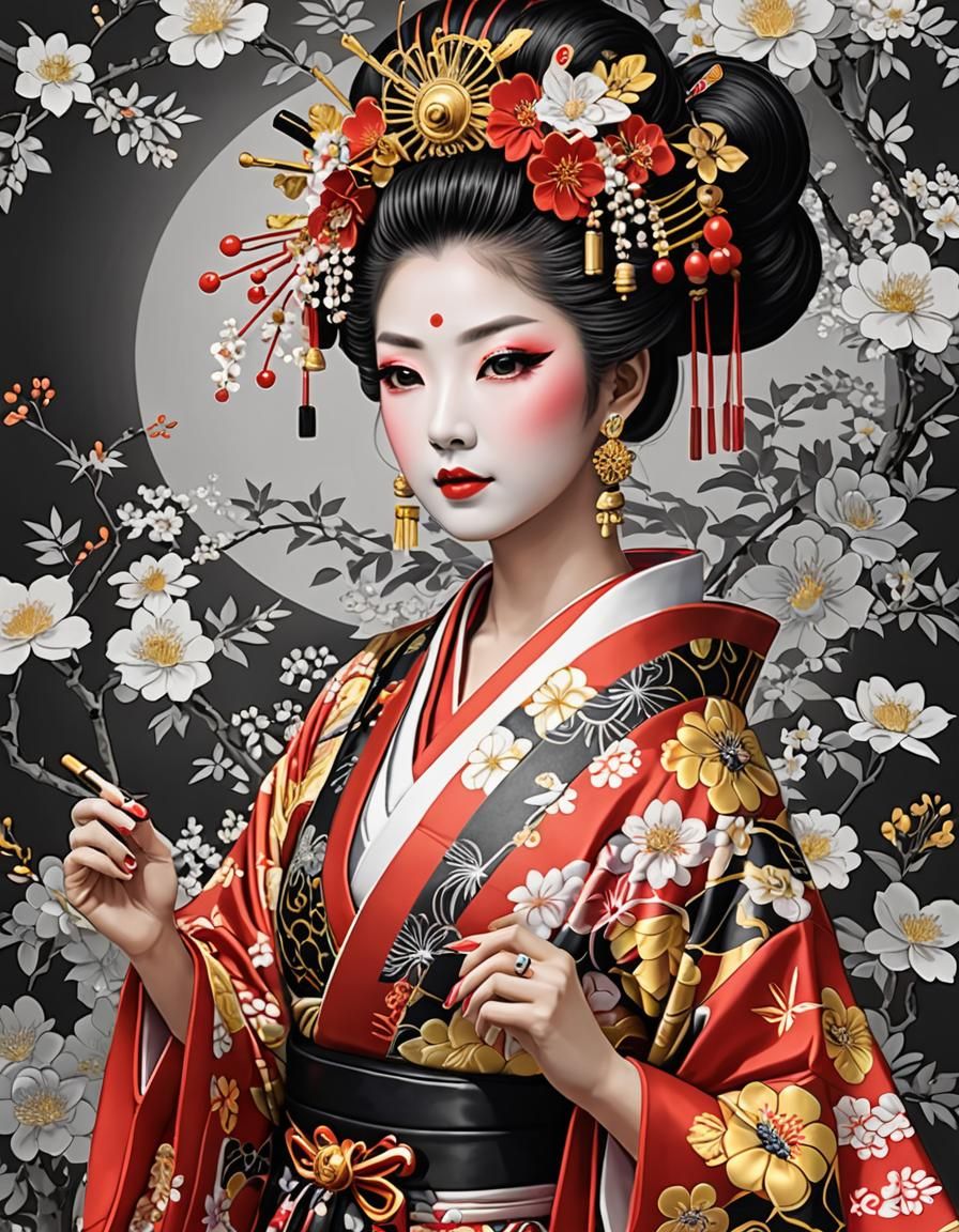 Detailed Oiran Coloring Page for Adults