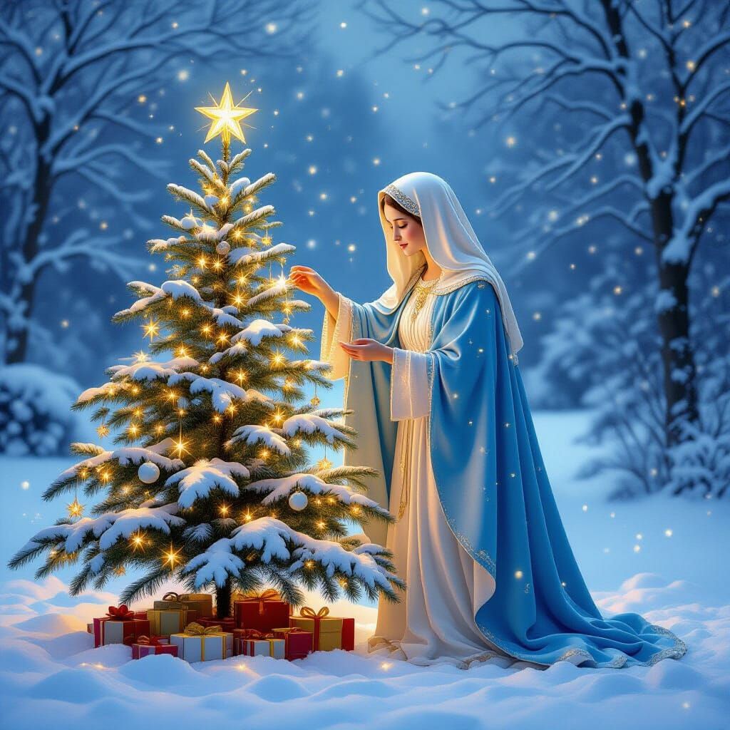 Blessed Mother Decorates Christmas Tree in Ethereal Style