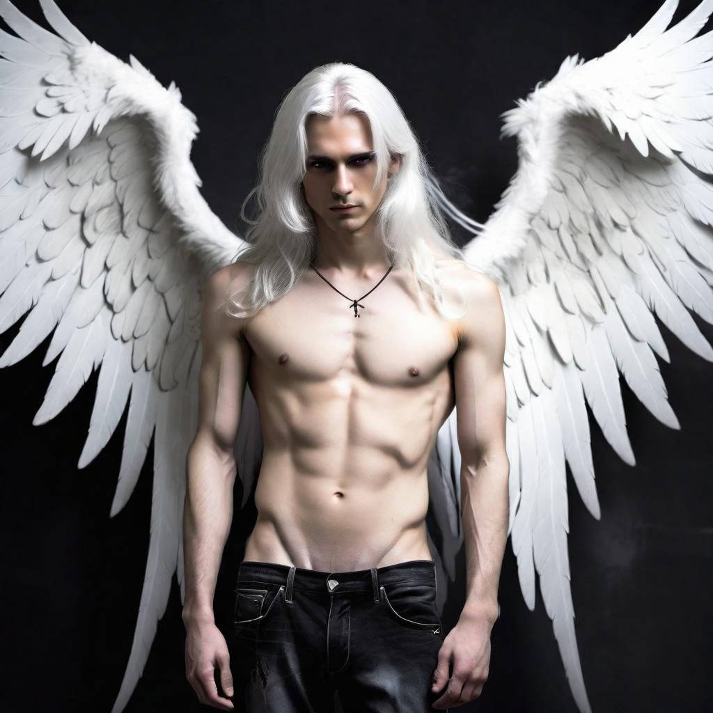 Fallen Angel with Black Wings and White Hair