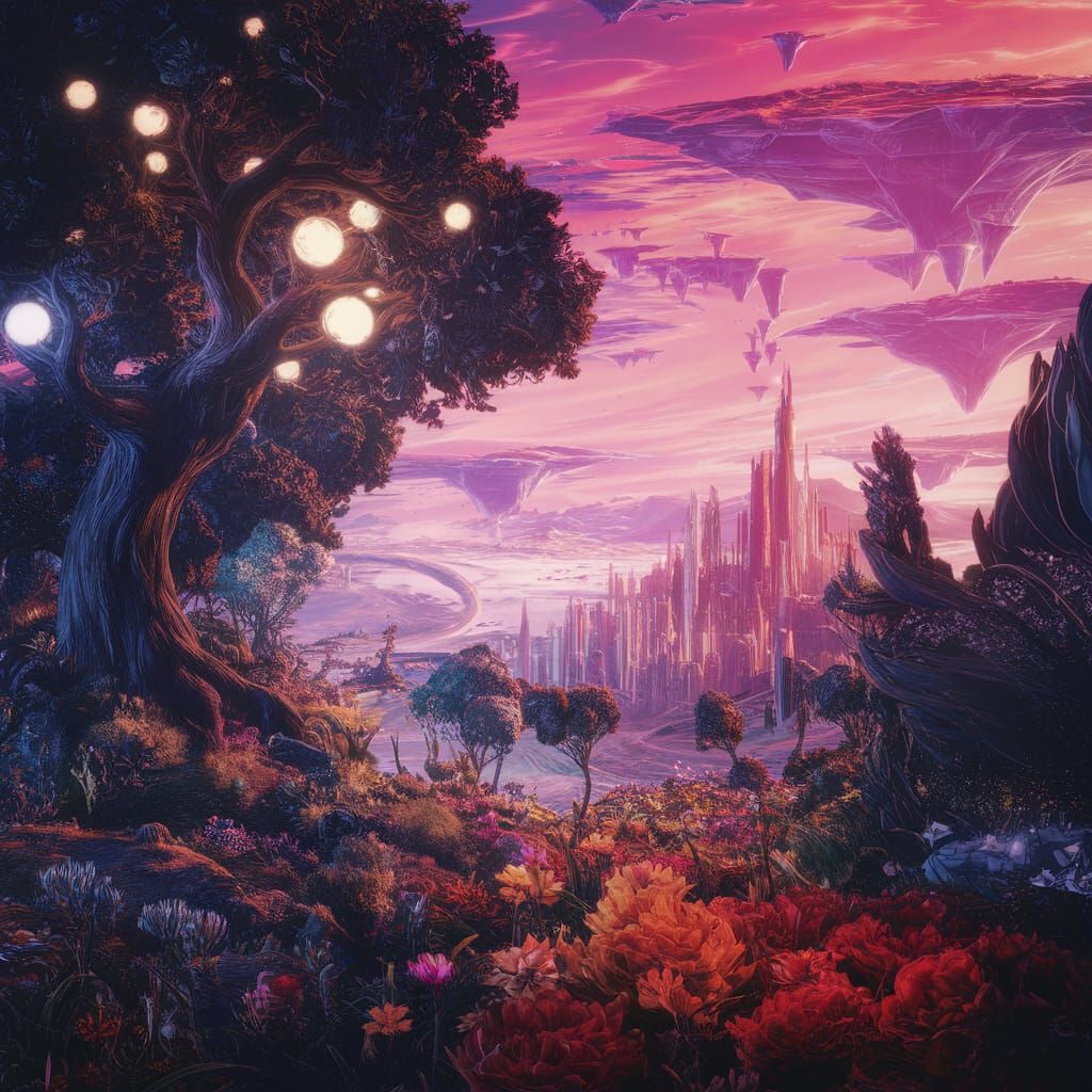 Fantastical Landscape with Glowing Orbs, Digital Art