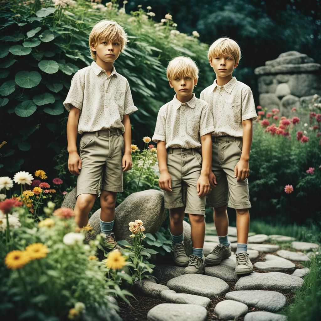 Blond Boys in Flower Garden: Cinematic Film Still
