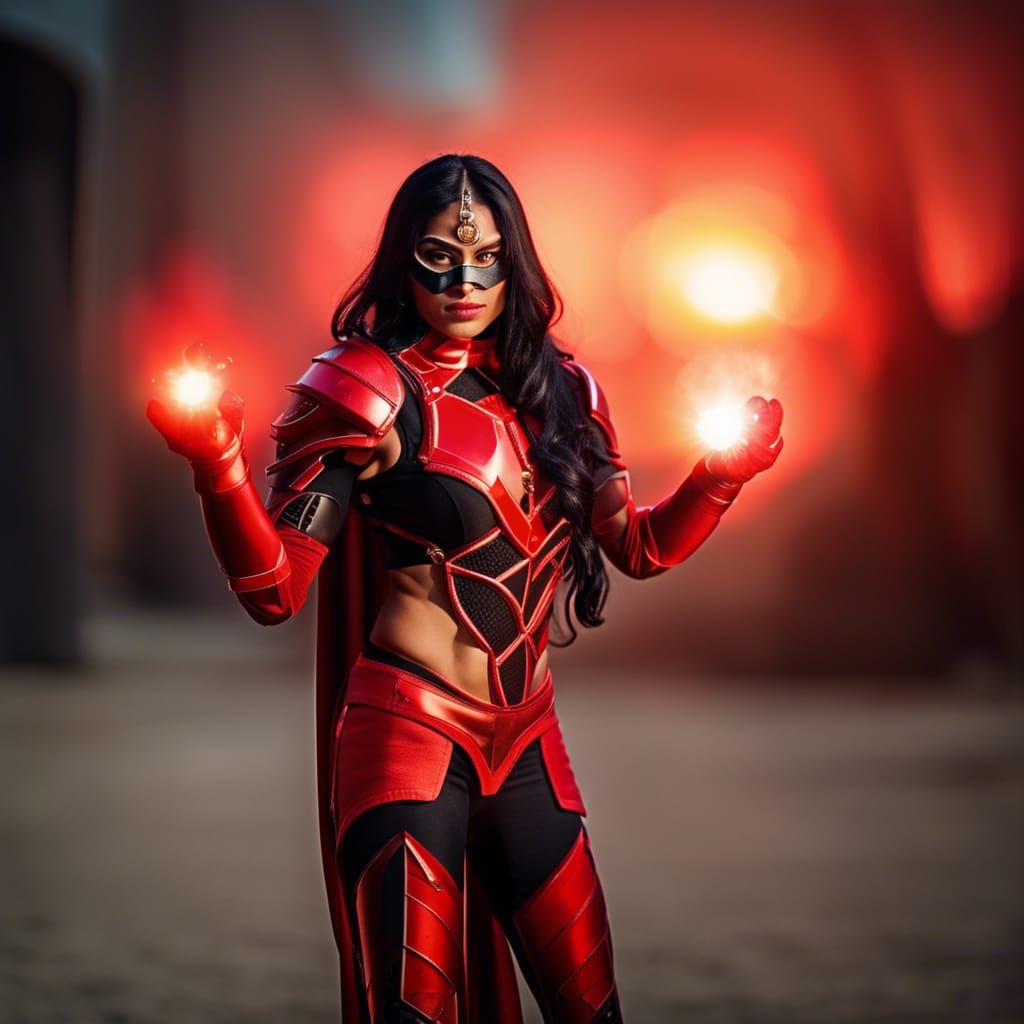 Dynamic Indian Superheroine in Red and Black Armor