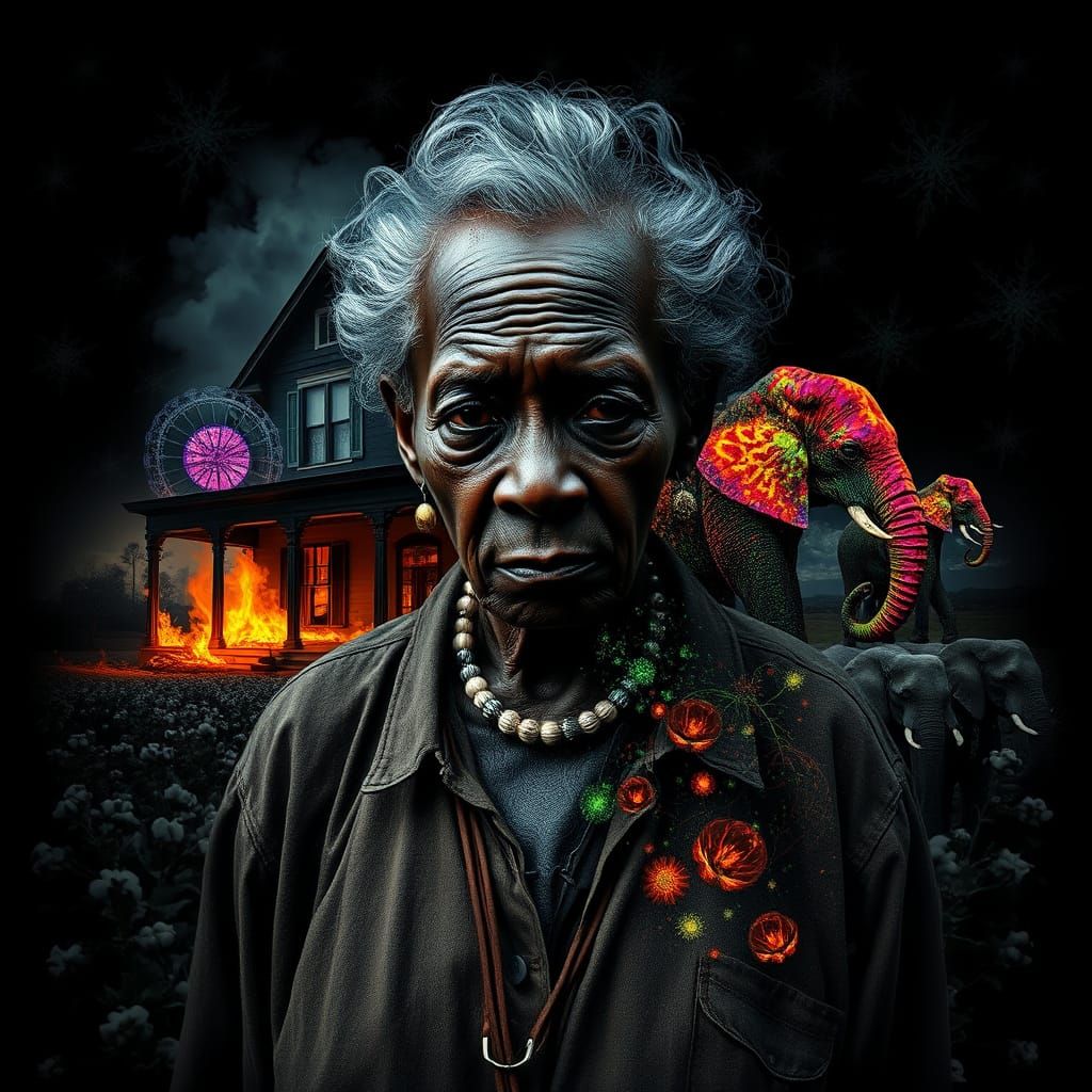 Elderly Woman Merges with Fractals and Elephants in a Burnin...
