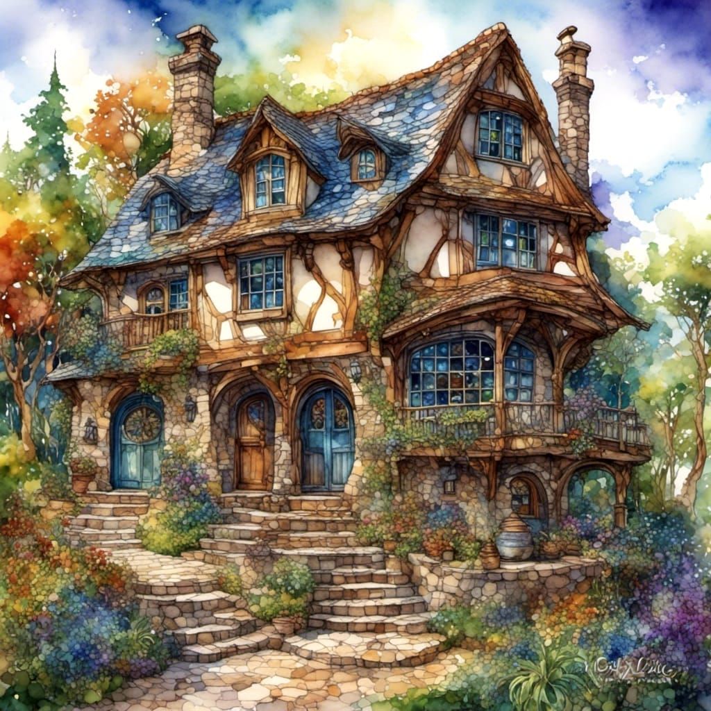 Watercolor Medieval Village Cottage in Fantasycore Style