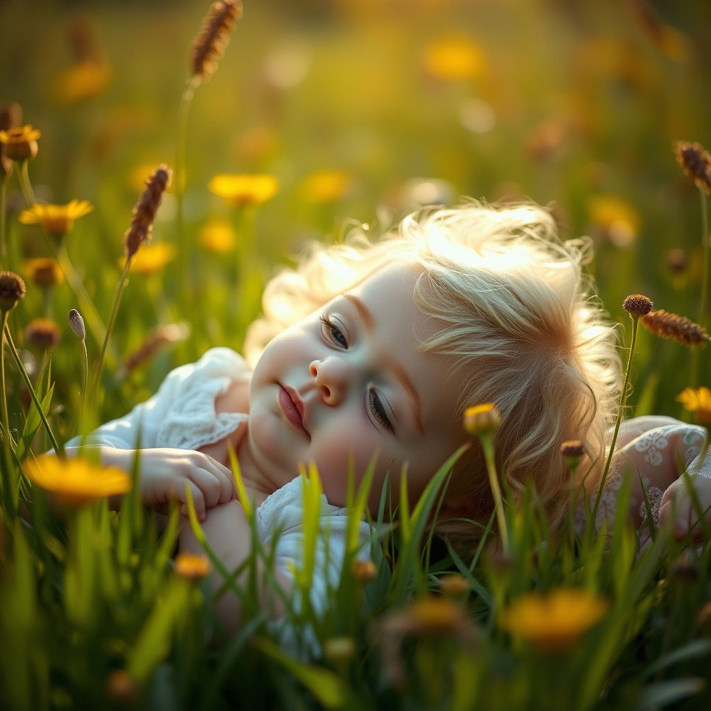 Blond Baby in Meadow: Hyperrealistic Photography