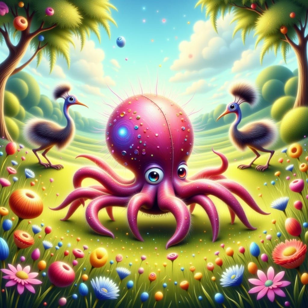 Fantastical New Zealand Scene with Spider-Octopi and Local W...