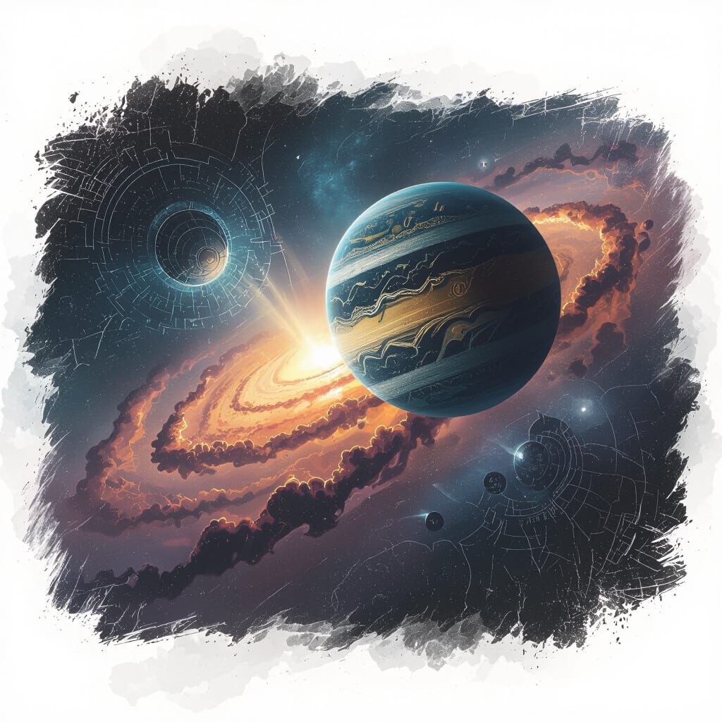 A dramatic cosmic chalk-style illustration of celestial MACH...