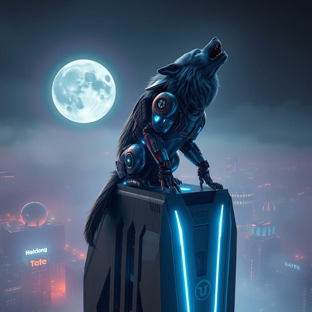 Cybernetic Werewolf Sits atop Futuristic Skyscraper at Night