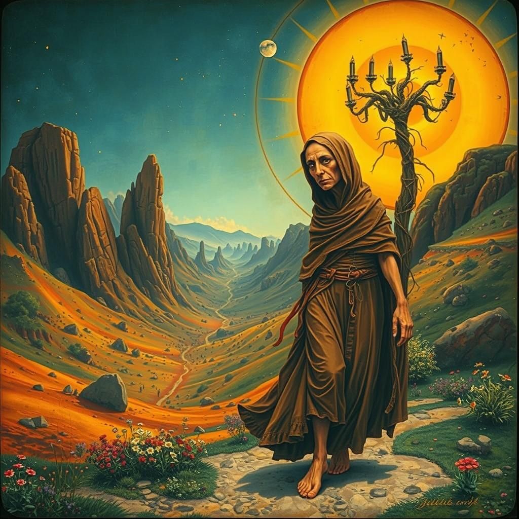 Surreal Pilgrim Woman in Vibrant Valley